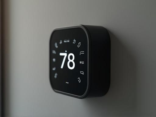 Nærbilde av en moderne smart termostat montert på en vegg.
