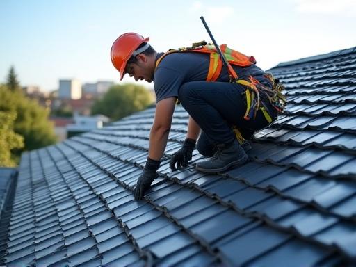 En taktekker som installerer moderne, mørke takstein.