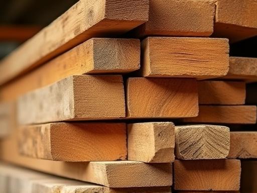 En stabel med vakkert kuttet konstruksjonsvirke.