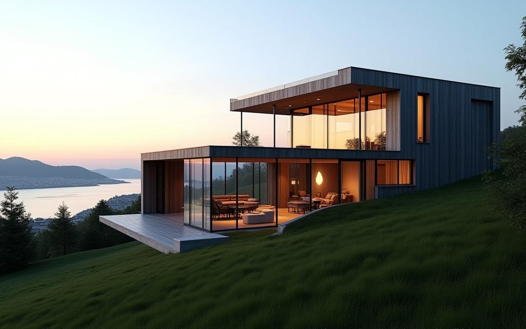 En moderne enebolig i Holmenkollen med store glassflater og utsikt over Oslo.