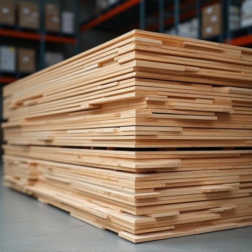 Stablede planker av sertifisert trevirke i en ryddig lagerhylle.