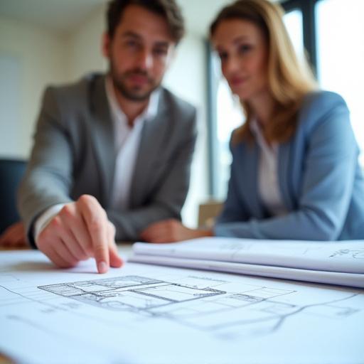 En konsulent som peker på en byggetegning sammen med en kunde.