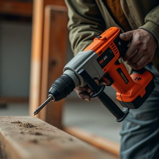 En person som bruker en kraftig drill på en byggeplass.